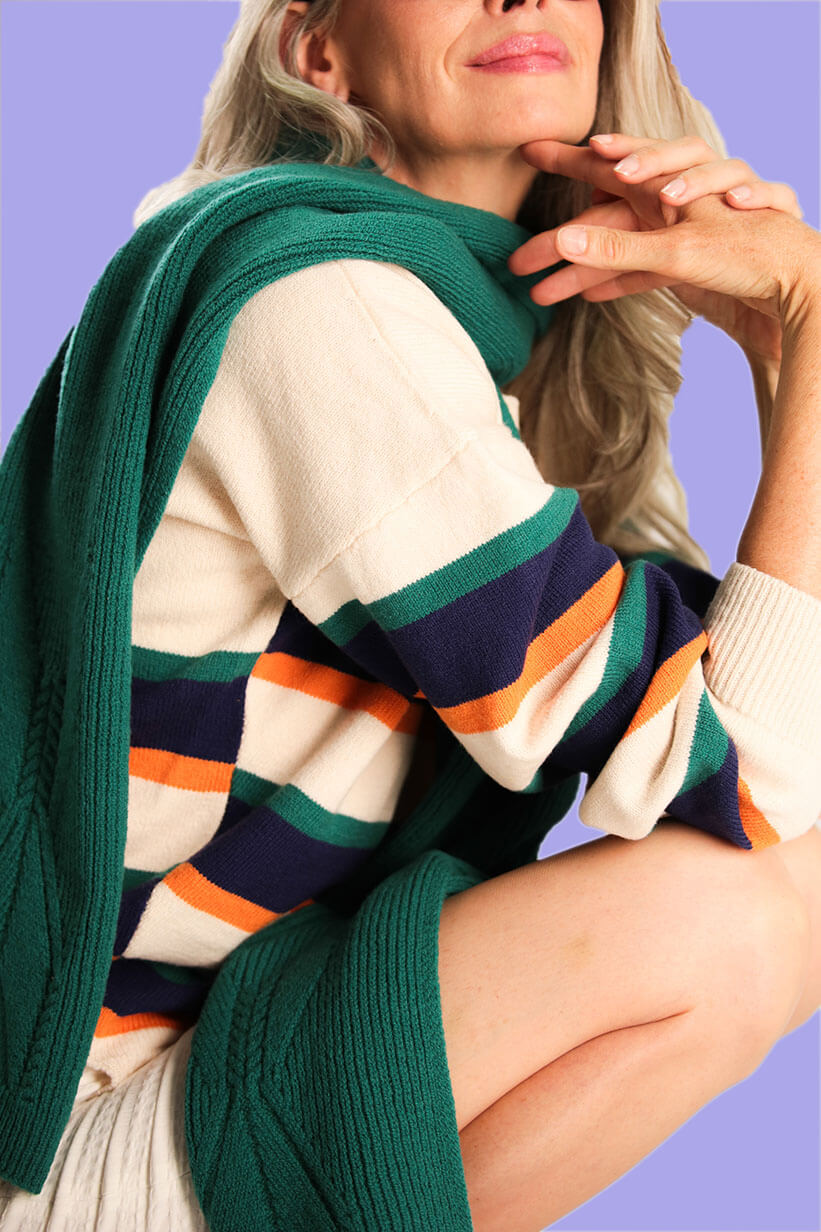 Pull femme marinière laine mérinos française 4 couleurs à col rond jersey, côtes, jeu de rayures et fente