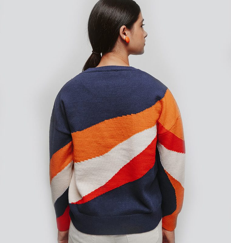 Pull multicolore femme laine 100% mérinos 4 couleurs à col rond en jacquard intarsia