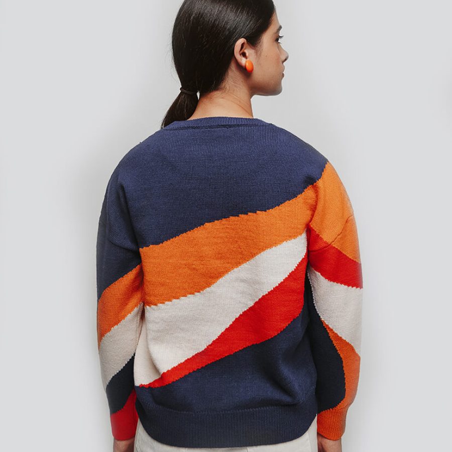 Pull multicolore femme laine 100% mérinos 4 couleurs à col rond en jacquard intarsia